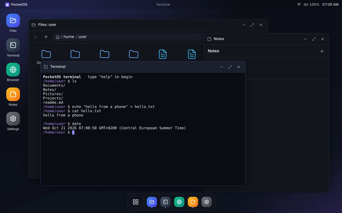 PocketOS with a file manager, a terminal and a notes app open as windows